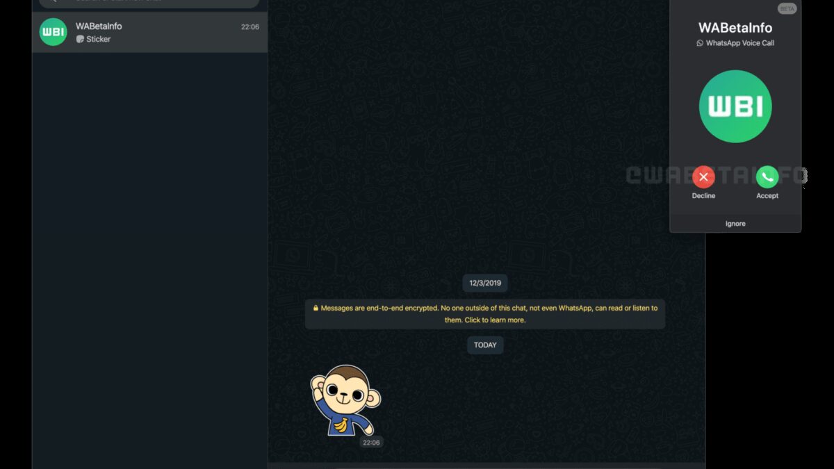 Окно входящего вызова в WhatsApp на ПК с логотипом WIBI