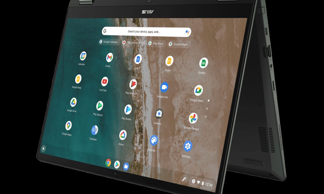 Ноутбук ASUS Chromebook Flip CX5 в развернутом положении с открытым экраном и видимым интерфейсом на дисплее