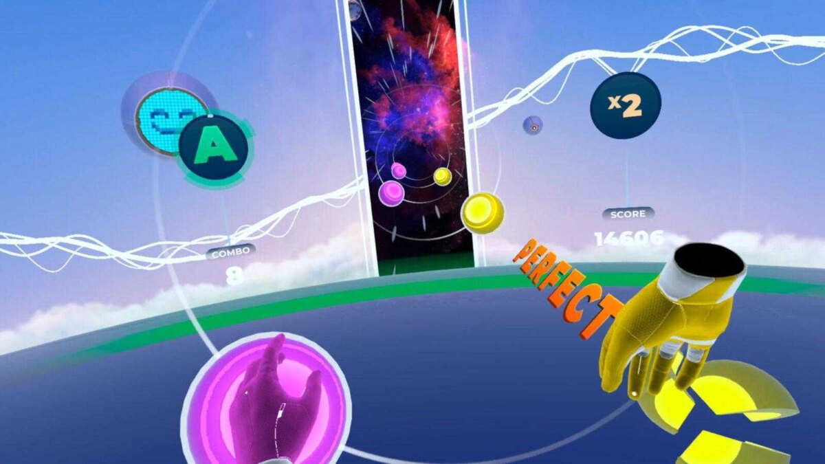 Виртуальная реальность VR-игра с музыкальным интерфейсом на фоне космоса