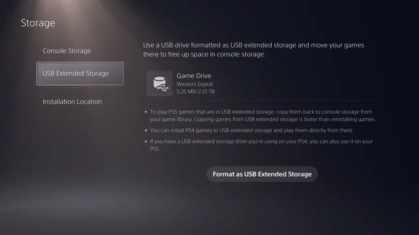 Настройка внешнего хранилища PlayStation 5 на экране выбора диска