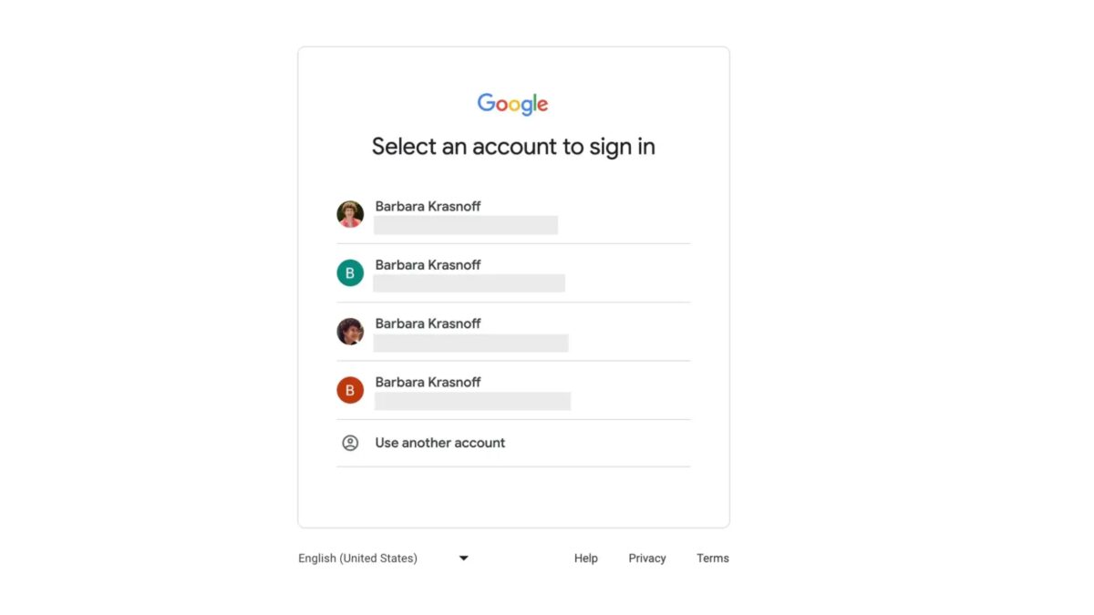 Экран выбора учетной записи Google Gmail с несколькими аккаунтами и опцией использования другого аккаунта