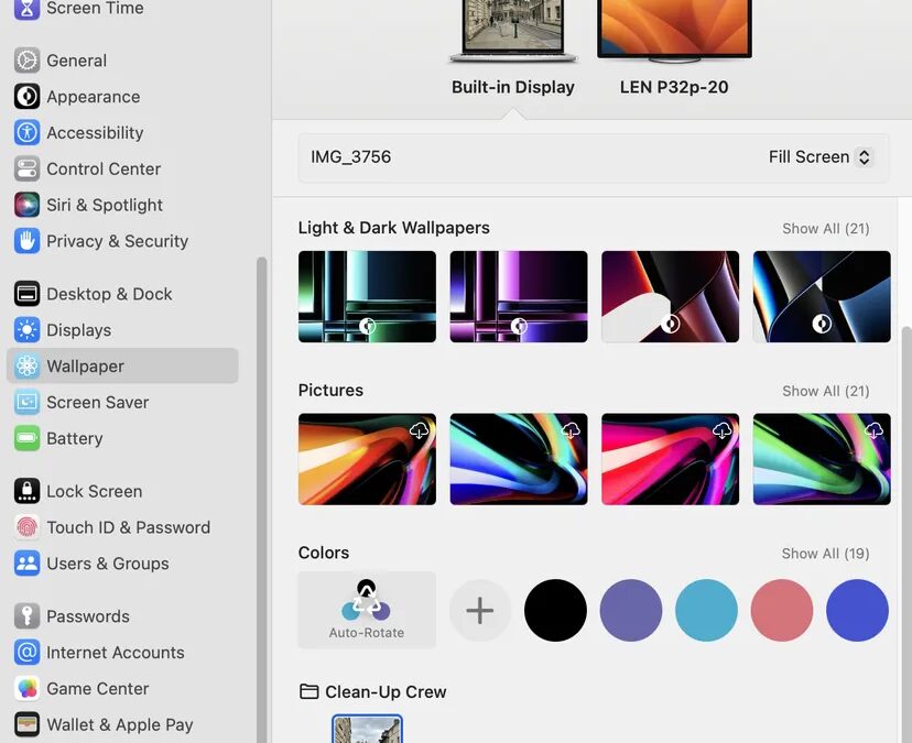 Настройки обоев на компьютере Mac с интерфейсом выбора изображений