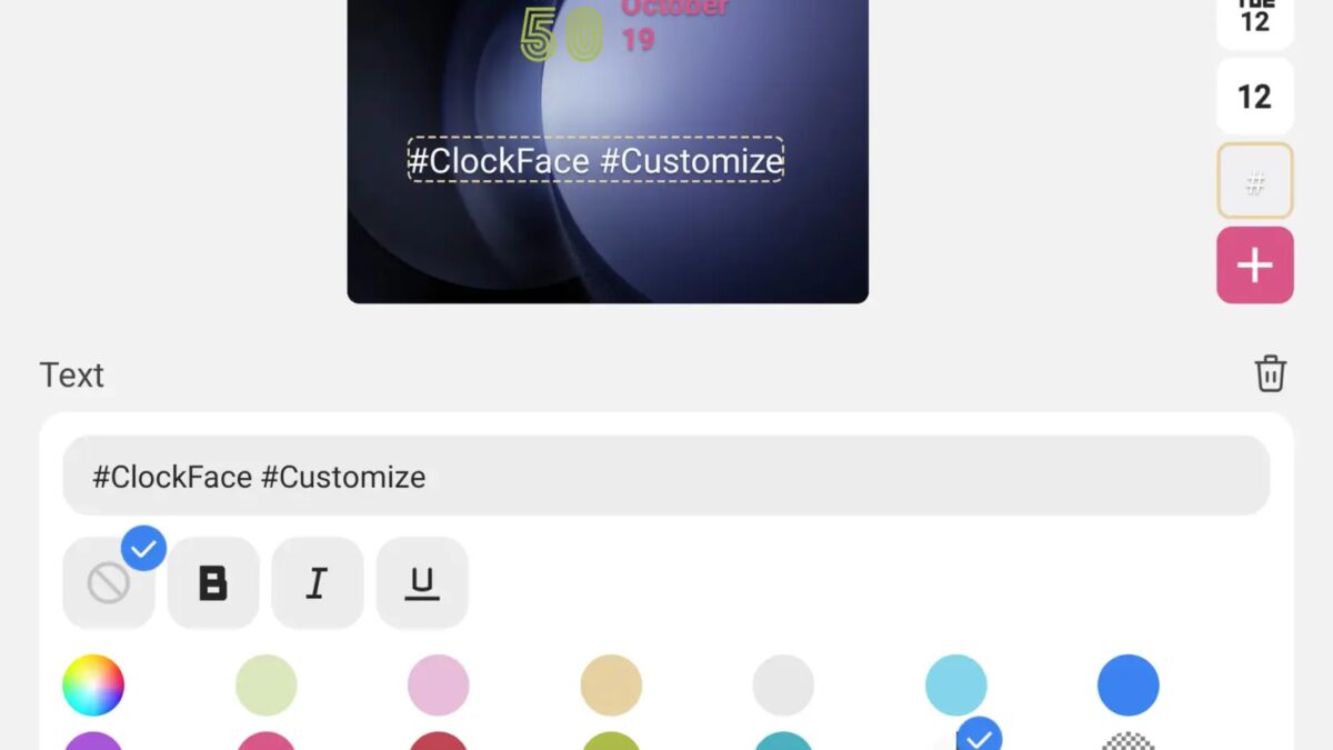 Экран часов Samsung с датой и временем и хештегами