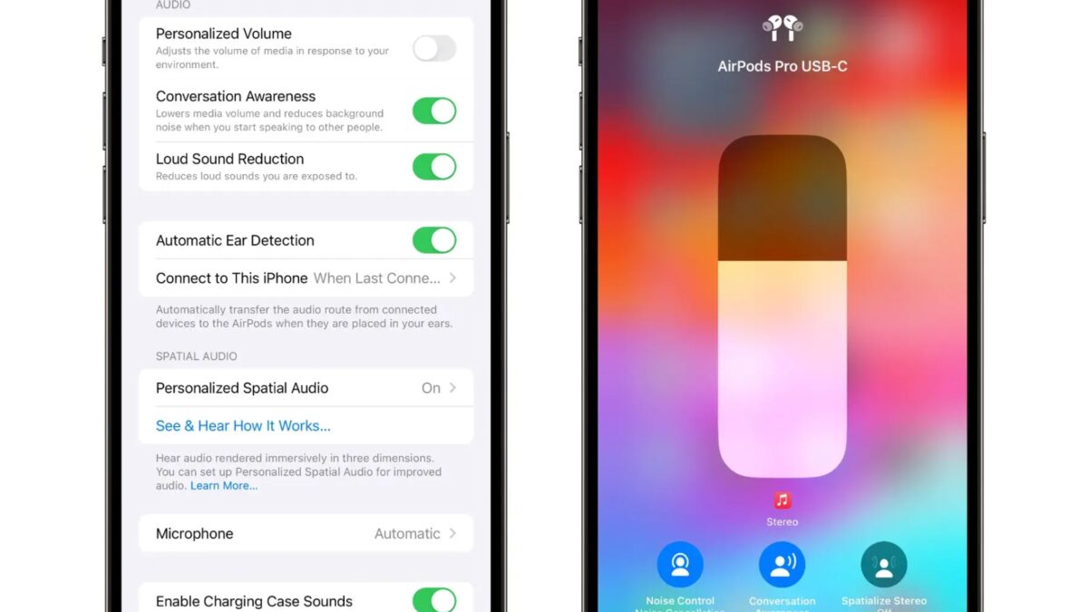 Настройки AirPods Pro 2 на экране iPhone с интерфейсом управления звуком