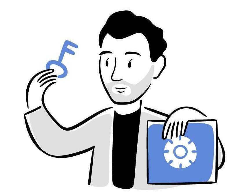 Человек держит монитор Passwork с изображением шестеренки и ключа