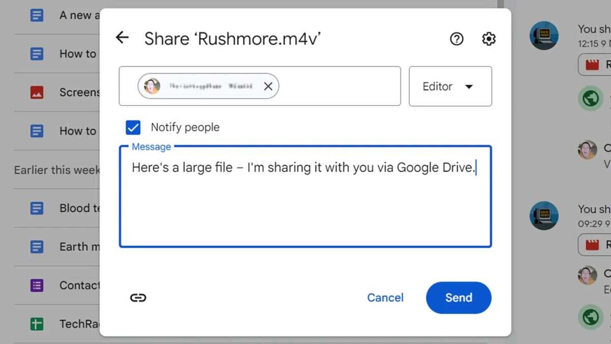 Окно поделиться файлом Rushmore.m4v в Google Драйве интерфейс выбора пользователей и кнопка отправки