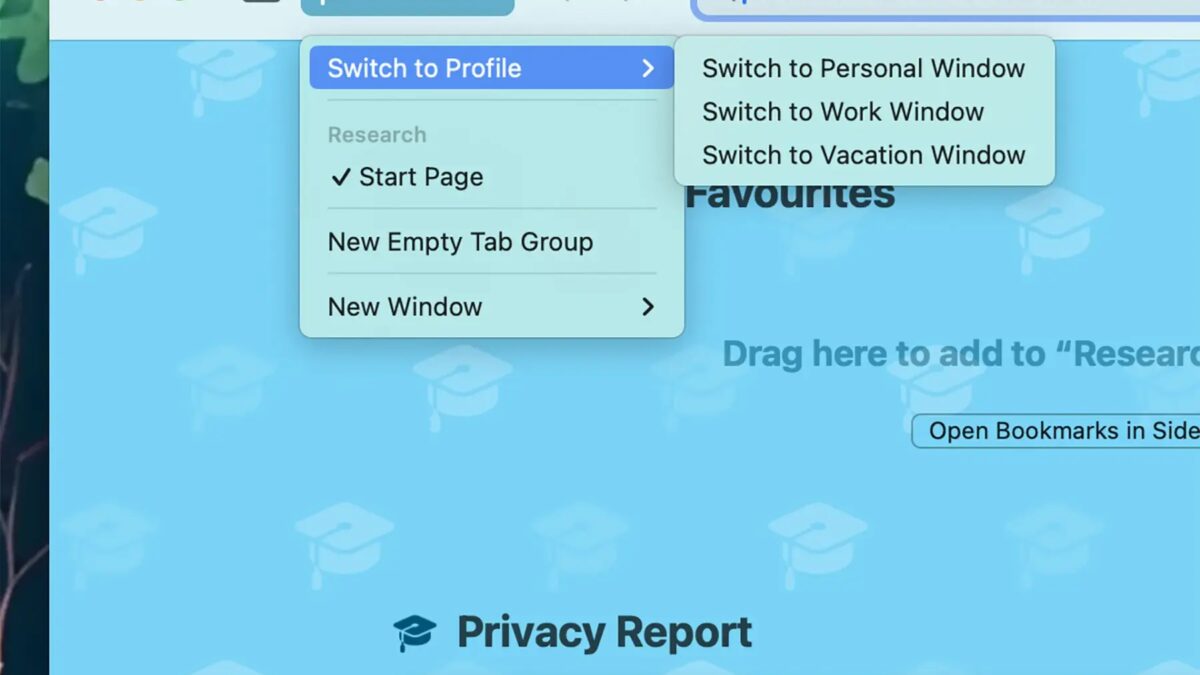 Меню переключения профилей в браузере Safari на macOS Sonoma