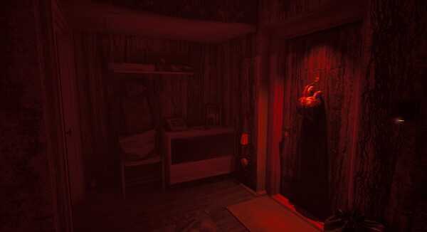 темная комната с деревянными стенами и шкафом, освещенная красным светом