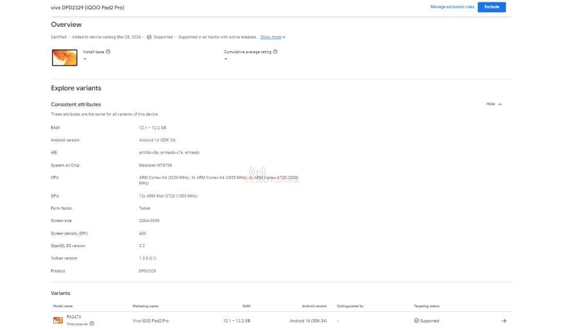 Обзор характеристик планшета iQOO Pad 2 Pro на странице Google Play Console