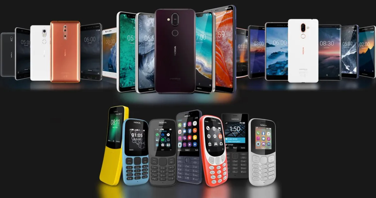 Коллекция смартфонов Nokia и телефонов с разными цветами и интерфейсами