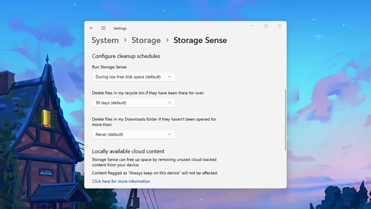 Настройки системы Windows для хранения данных и очистки
