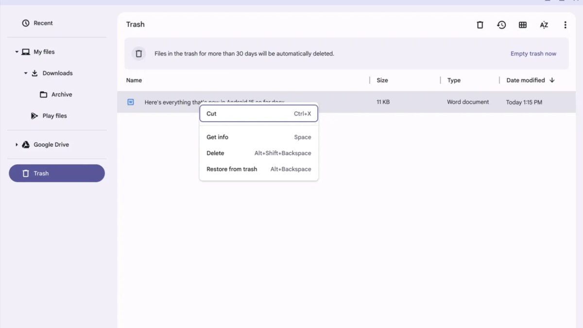 экран ноутбука Chromebook с меню управления файлами и корзиной