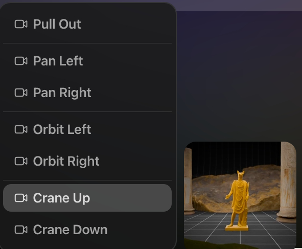 Меню управления видео Dream Machine 1.6 с опциями движения камеры