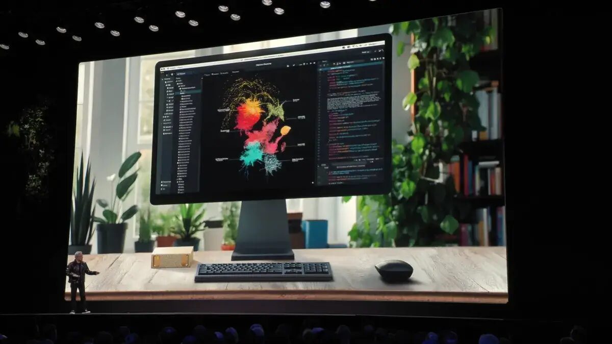 Компьютер с большим экраном и кодом на рабочем столе