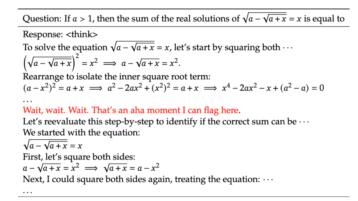 Статья DeepSeek-R1. Не позволяйте этой графике запугать вас. Ключевой вывод — красная линия, где модель буквально использовала фразу «aha moment». Исследователи ухватились за это как за яркий пример способности модели переосмысливать проблемы в антропоморфном тоне. Для исследователей это был их собственный «aha moment».