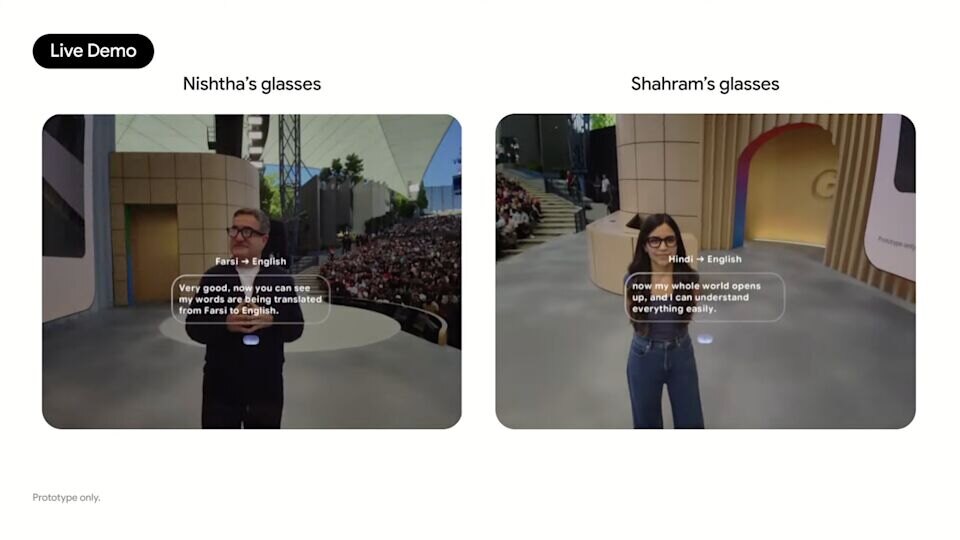 Демонстрация очков Android XR с функцией ИИ-перевода для перевода английского на русский