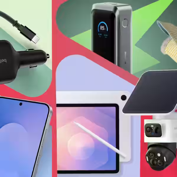 collage of modern tech gadgets arranged on a colorful background