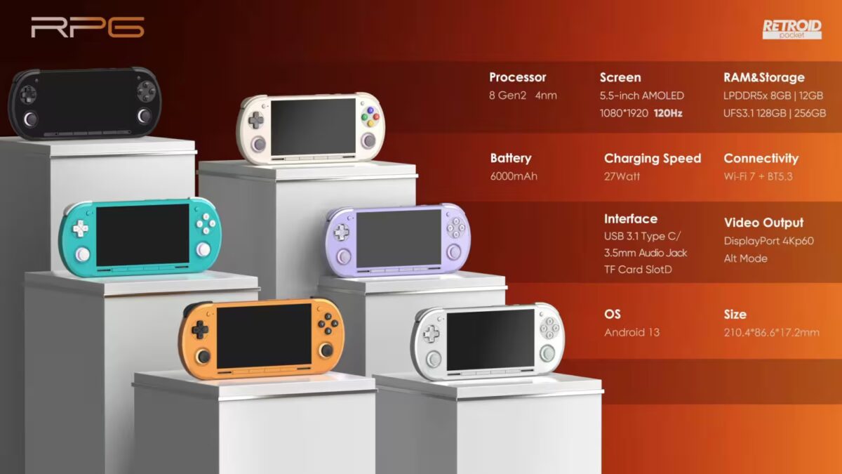 Различные ретро игровые консоли Retroid Pocket 6 и G2 разных цветов показаны на презентации