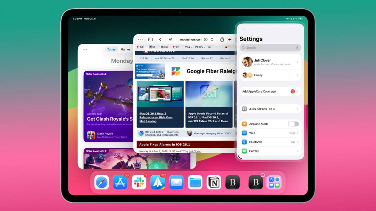 Что нового в iOS 26.1 Beta 2: изменения в будильниках, настройках и iPad 18 ipados 26 1 slide over