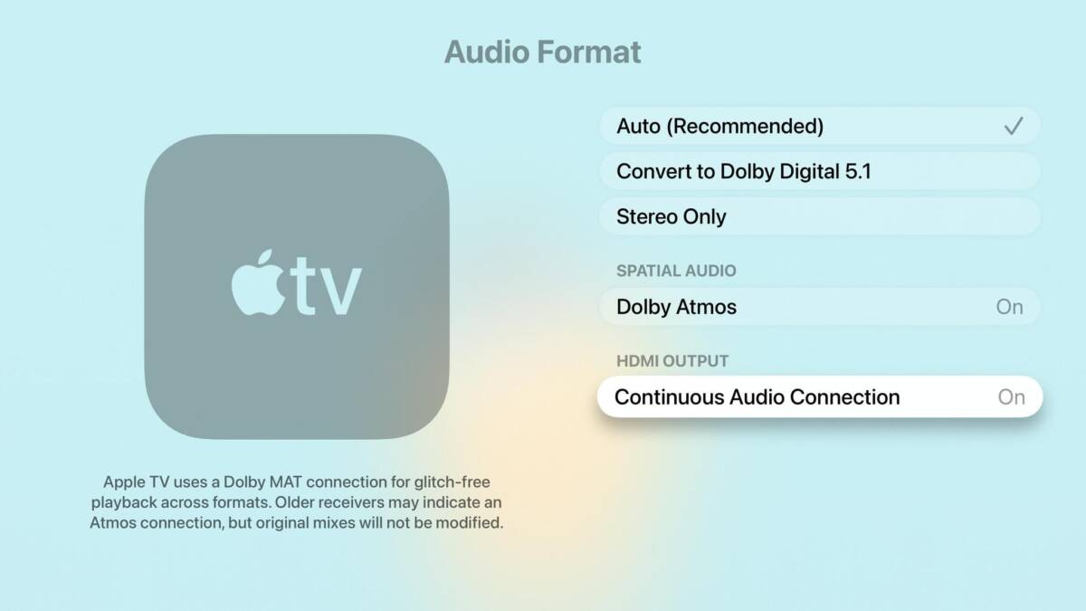 tvOS 26.4 добавляет настройку Continuous Audio Connection — она должна убрать щелчки в звуке