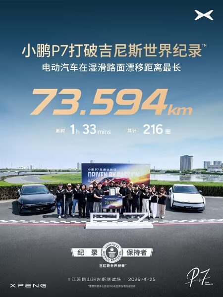 XPeng P7 проехал 74 км в дрифте и попал в Гиннесс